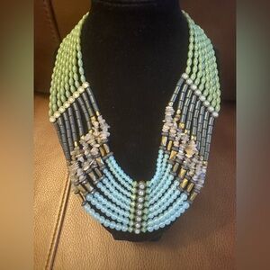VTG Lia  Sophia “Goddess” statement necklace w/green blue & earthy tone beads